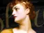 Classical artwork of a woman with short curly hair and a headband, gazing to the side against a dark, intricate background.
