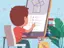 Illustration of a child using a large tablet for an online test, seated at a desk with a backpack nearby, against an educational-themed backdrop.