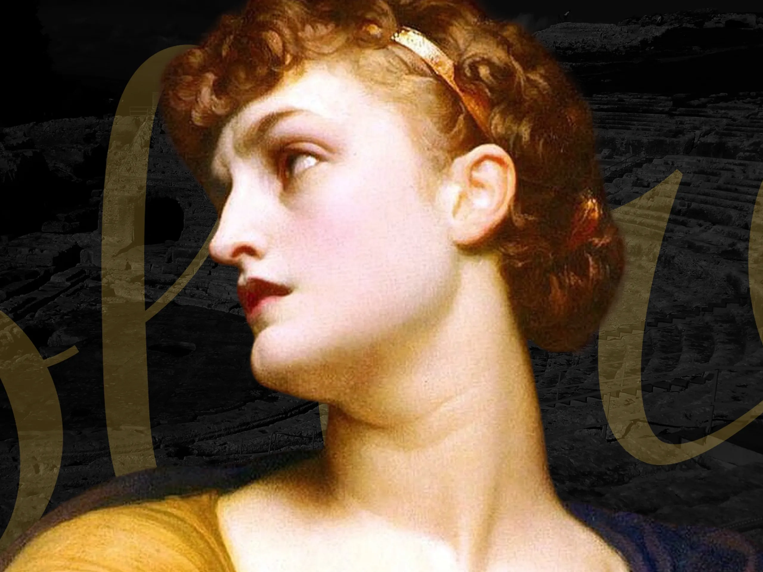 Classical artwork of a woman with short curly hair and a headband, gazing to the side against a dark, intricate background.