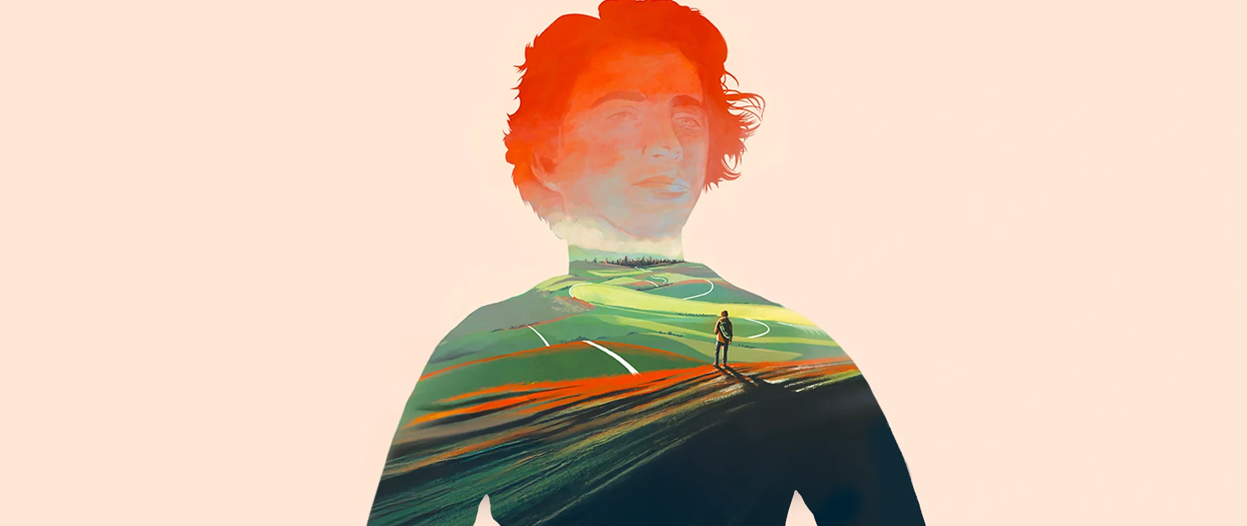 Doppia esposizione del volto di una persona che si fonde con un paesaggio. Una figura solitaria cammina lungo un sentiero sotto un cielo aperto, evocando introspezione.