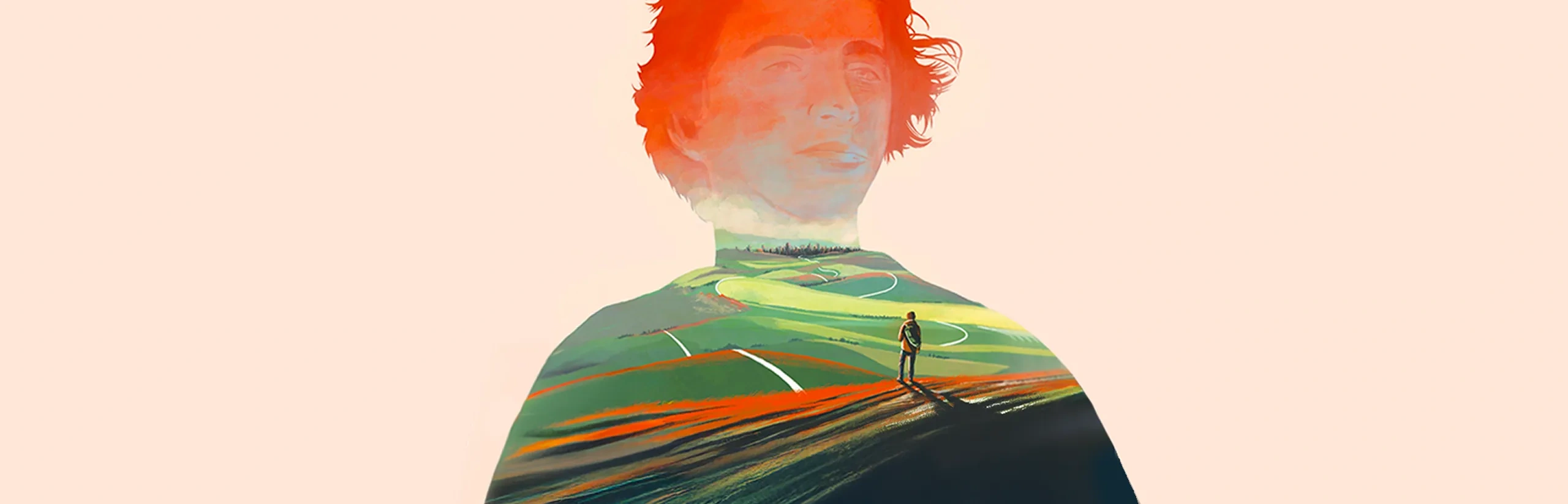 Doppia esposizione del volto di una persona che si fonde con un paesaggio. Una figura solitaria cammina lungo un sentiero sotto un cielo aperto, evocando introspezione.