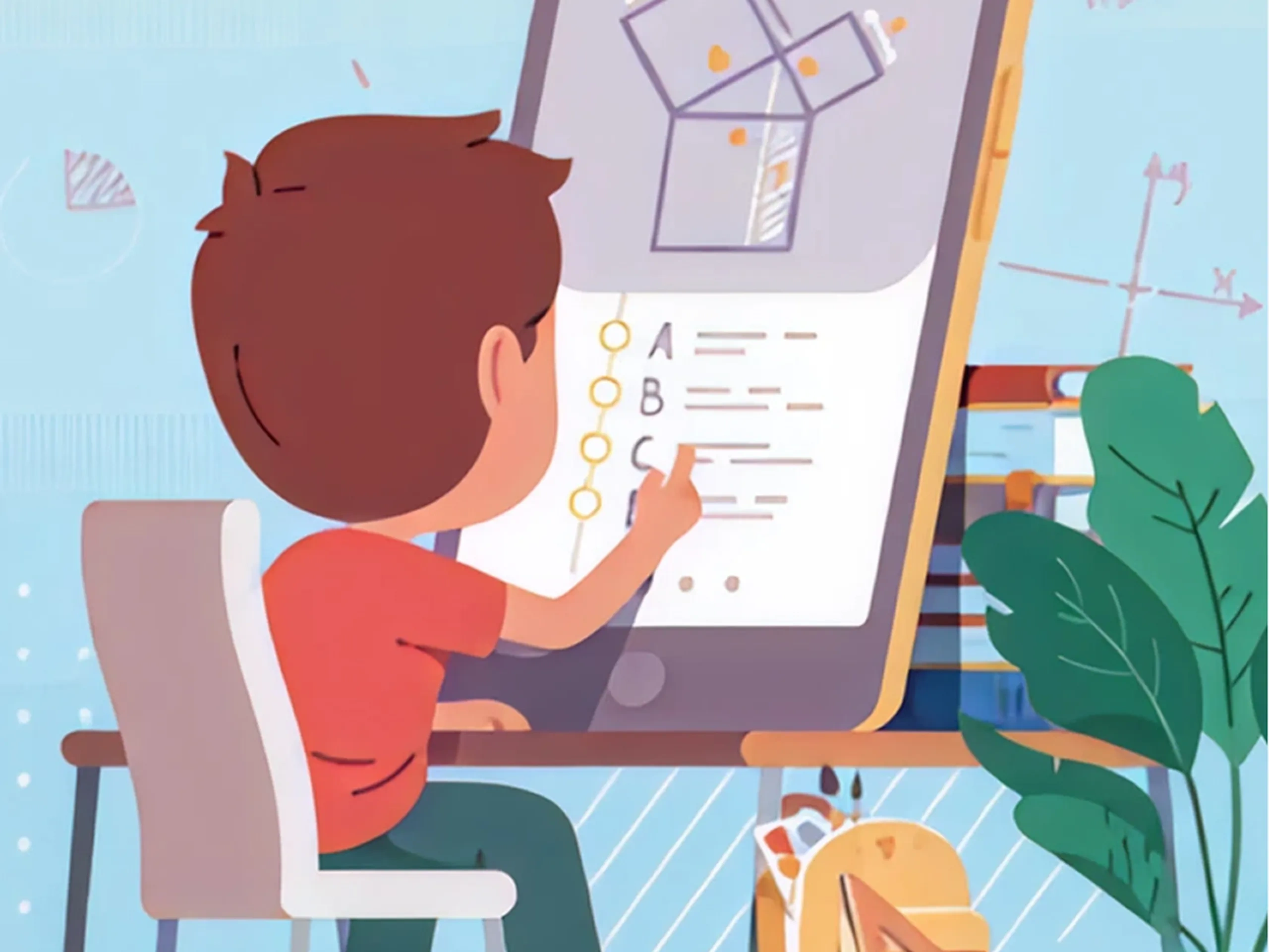 Illustration of a child using a large tablet for an online test, seated at a desk with a backpack nearby, against an educational-themed backdrop.